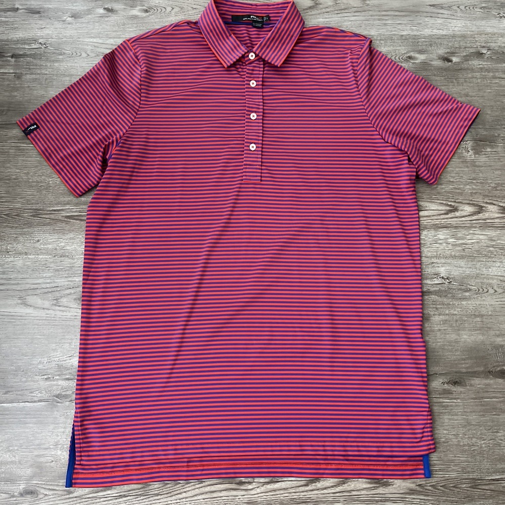 RLX Ralph Lauren Striped Polo Shirt Mens Large Orange Purple Stretch Golf Sport